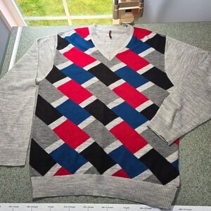 Flying Machine Sweater Mens Large Gray Red‎ Blue Argyle V-Neck Geometric